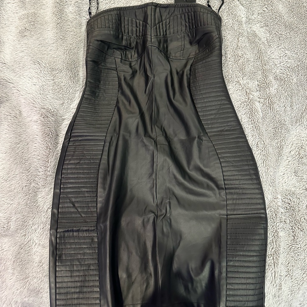 Black faux leather strapless mini dress